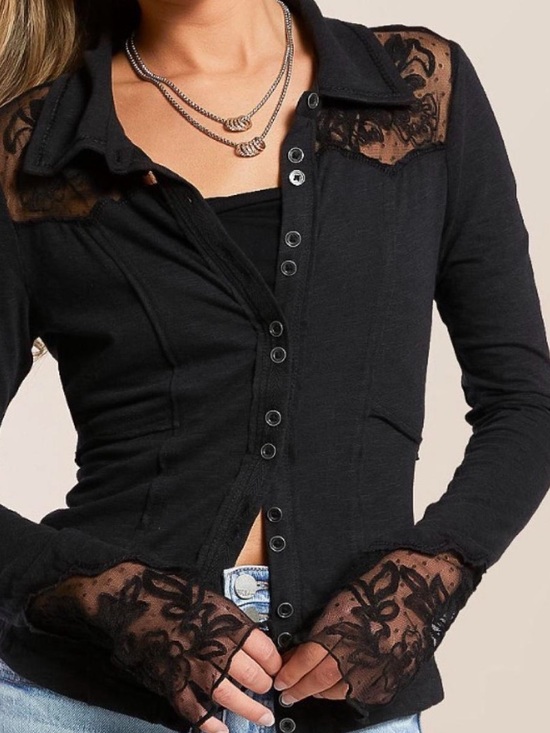 Free People Tops - Free People Black Lace-Trim Button Down Shirt